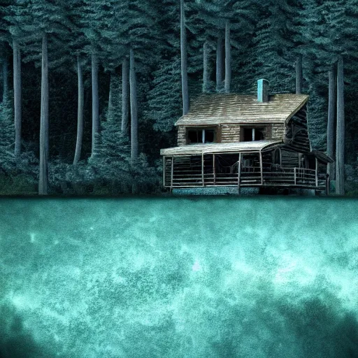 Prompt: a cabin in the woods underwater, dense trees, dark and eerie, 8k, high definition, highly detailed, photo realistic