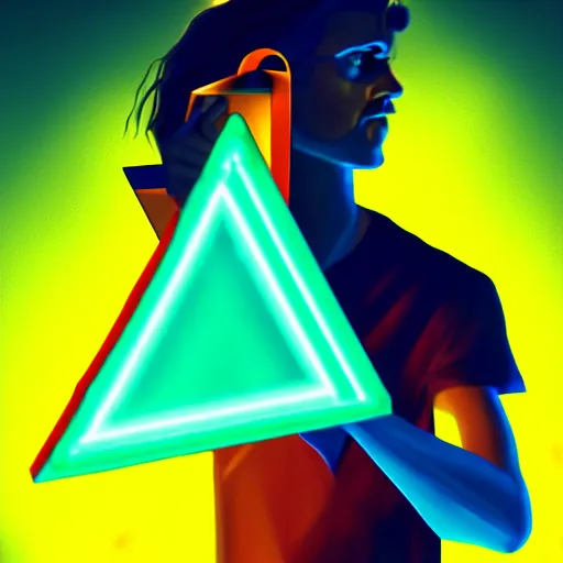 Image similar to Pythagoras holding a neon triangle in his hand , digital painting , digital art , artstation , devian art , HD , 4k