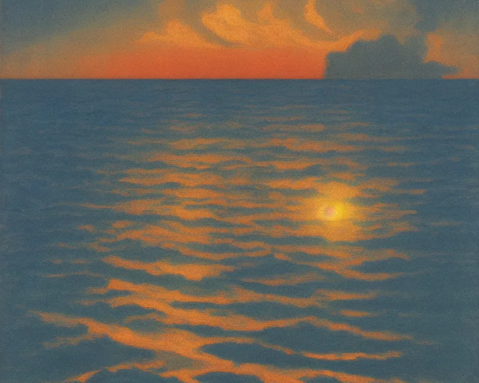 Prompt: an achingly beautiful print of an ocean sunset by Raphael, Hopper, and Rene Magritte. detailed, romantic, enchanting, trending on artstation.