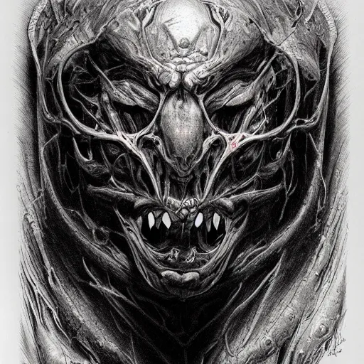 Prompt: iconic biomechanoid hybrid infected demon sentinel head album hyper detailed concept art crosshatch sketch illustration art style by Jonathan Wayshak and Toshihiro Egawa and Zdizslaw Beksinski and Artstation trending 8k