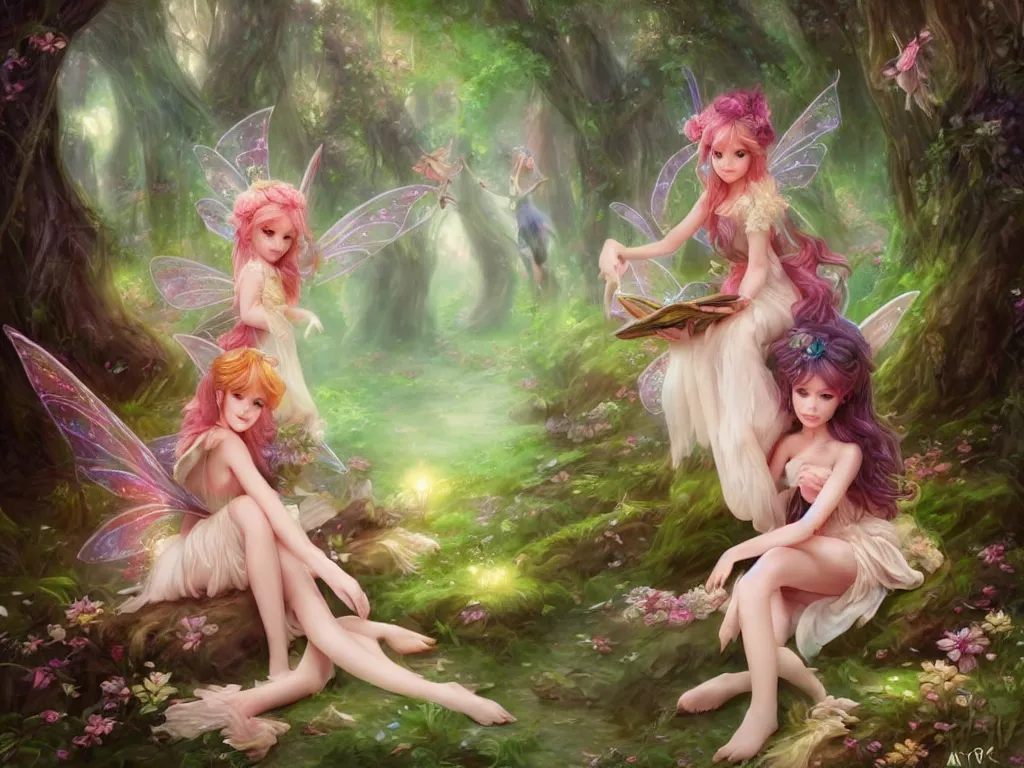 Image similar to two cute fairy in the dreamy forest, fantasy, dreamlike, 8 k resolution, hyper detailed, d & d, character design, digital painting, trending on artstation, sharp focus, illustration, art by artgerm, viktoria gavrilenko, hoang lap, fuji choko, steve zheng