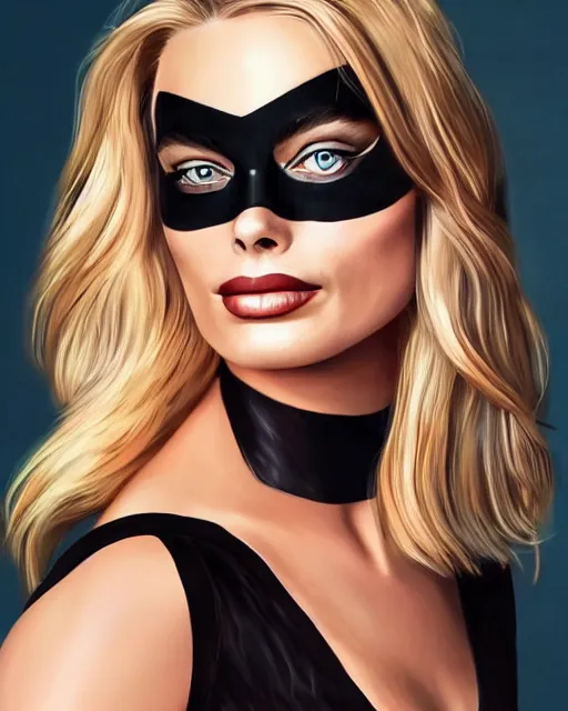 Image similar to portrait of margot robbie with a cat woman costume, full body shot, highly detailed, beautiful eyes, beautiful face, detailed face, cinematic, digital art, sharp