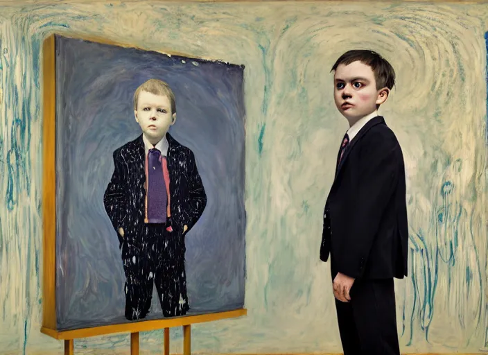 Image similar to portrait of a child wearing a suit, vincent lefevre and hernan bas and pat steir and hilma af klint, psychological, photorealistic, dripping paint, washy brush, rendered in octane, altermodern, masterpiece