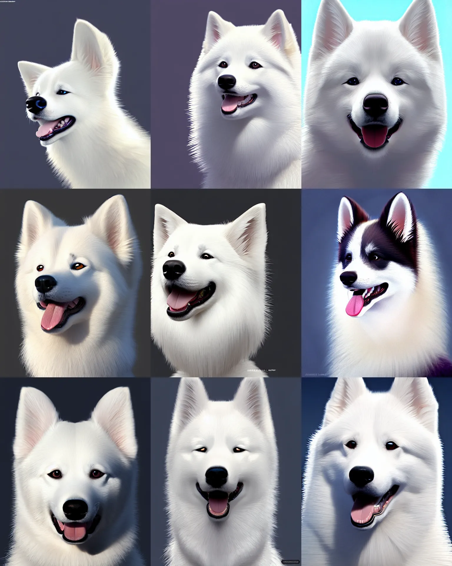 Prompt: profile of smiling american eskimo dog. cute, symmetry face, ssr card, fine details. realistic shaded lighting, 8 k, insanely detailed, intricate, art by stanley lau, artgerm, wlop, kuvshinov ilya,