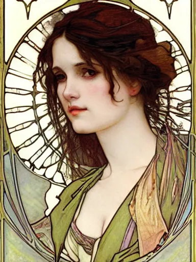 Image similar to a beautiful painting of young winona ryder by Alphonse Mucha and by Mark Brooks and by john william waterhouse and by arthur rackham, Art Nouveau, Neo-Gothic, gothic, award winning painting, hyperdetailed, detailed