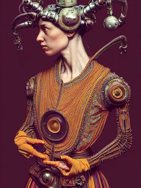 Image similar to colour caravaggio style photography of highly detailed beautiful woman with 1 0 0 0 years perfect face and wearing detailed ukrainian folk costume designed by taras shevchenko also wearing highly detailed retrofuturistic sci - fi neural interface designed by josan gonzalez. many details in style of josan gonzalez and mike winkelmann and andgreg rutkowski and alphonse muchaand