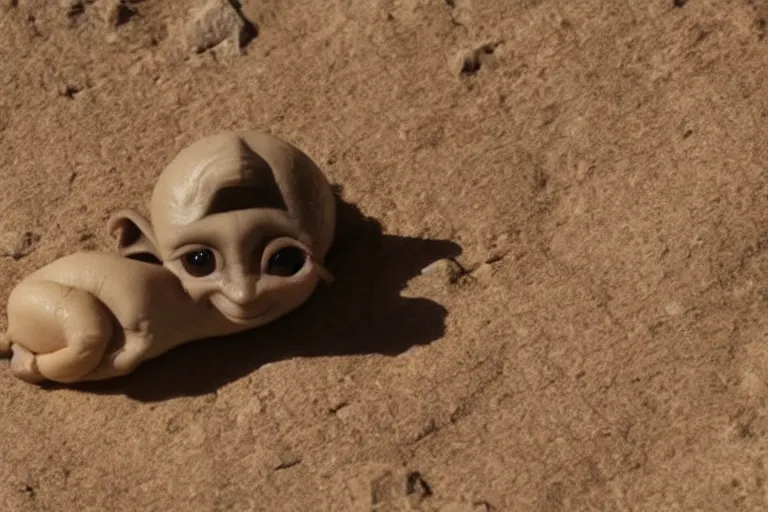 Image similar to vfx movie scene closeup adorable tiny little baby alien creature in moon desert eating a rock. by emmanuel lubezki