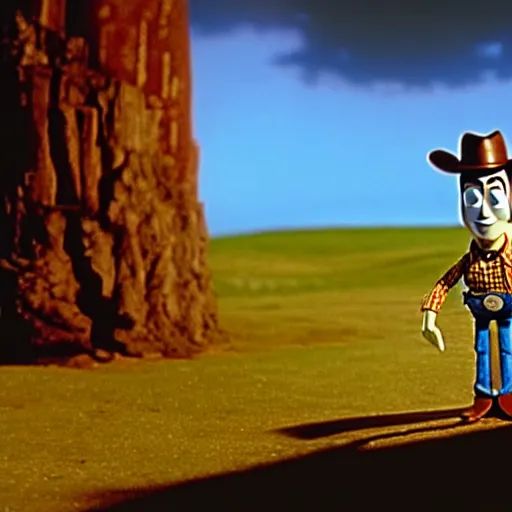 Image similar to mr. bean as woody from the toystory movie. movie still. cinematic lighting.