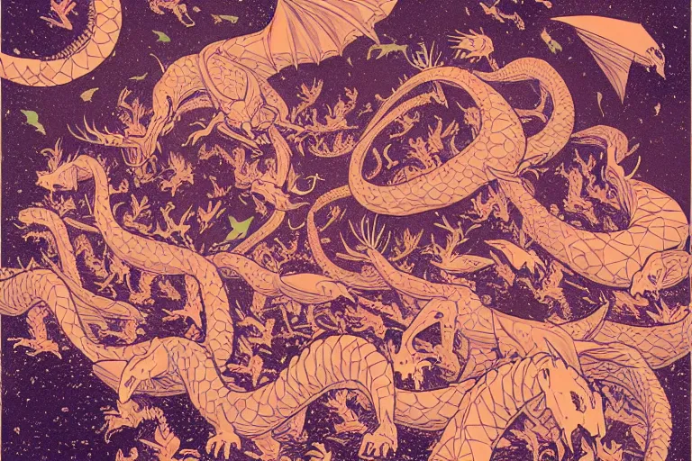 Image similar to a swarm of dragons, risograph, retro fantasy style, victo ngai, moebius, studio ghibli
