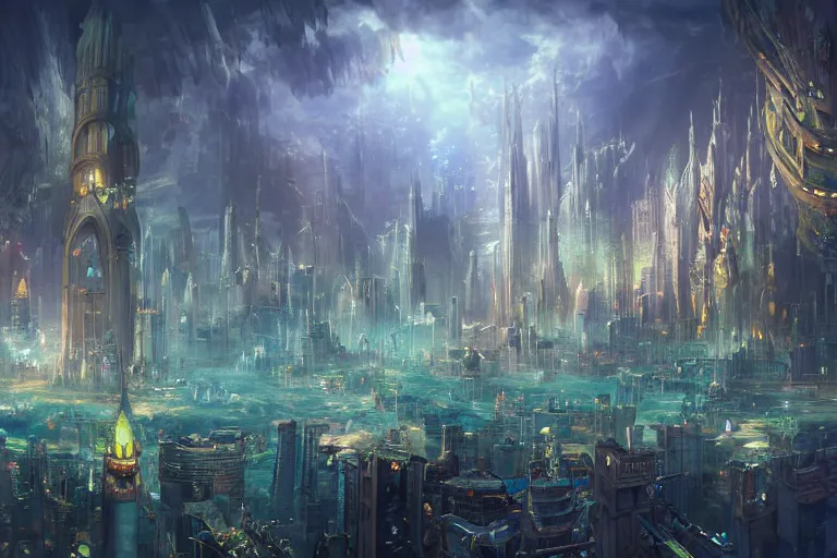 Prompt: an epic landscape view of a vast underwater metropolis, with glowing windows, towers, spires, parapets, balconies, bridges, glass, marble, chrome, with colorful fish, painted by tyler edlin and andreas rocha, close - up, low angle, wide angle, atmospheric, volumetric lighting, cinematic concept art, very realistic, highly detailed digital art