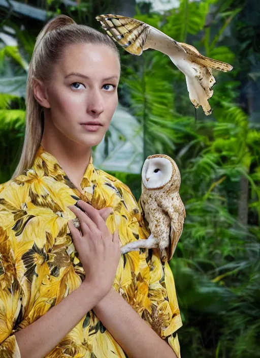 Prompt: amazing portrait photograph of an elegant top model wearing a yellow kimono with a very detailed barn owl on her shoulder!!! in a tropical greenhouse. looking at the camera!!. super resolution. Extremely detailed. art by Rineke Dijkstra.