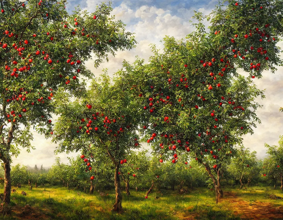 Image similar to hyper realistic oil painting of fruit orchard in garden of eden, hd, hdr, by stanisław wyspianski, ultra detailed, high resolution