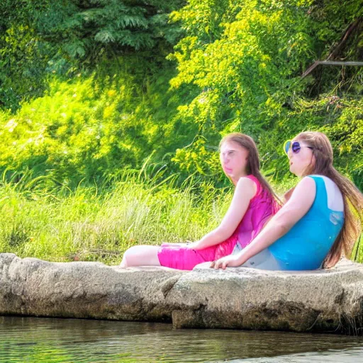 Image similar to Two sisters sitting on the bank, relaxing on a sunny day photograph, hyper-realistic, clear day, 8k resolution, maximum detail