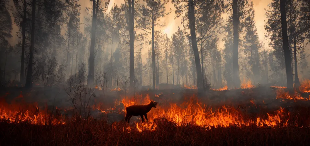 Image similar to full body portrait of sheep running from a forest fire, smoke, flames, dark, gloomy, horror, screaming, insanely detailed, photorealistic, cinematic, dramatic lighting,