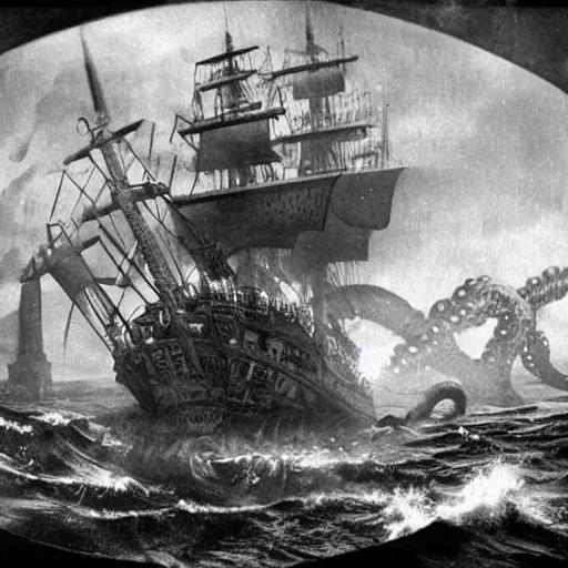 Image similar to an impossibly huge pirate ship, being attacked by a kraken, giant tentacles, lovecraft. 1930s photograph