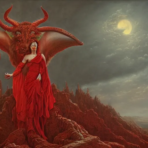 Image similar to a masterpiece! matte painting portrait of a scarlet - colored beast with seven ( 7 ) heads and ten ( 1 0 ) horns by gustave dore and stephen hickman and allen williams, trending on artstation, cgsociety, 8 k hd, earthtone colors, a cloaked woman riding the back of the beast