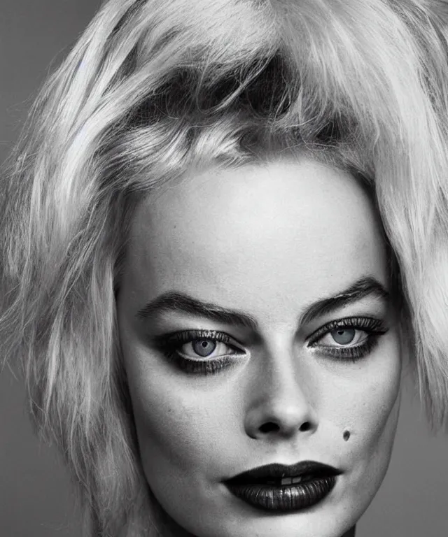 Image similar to a color photograph of margot robbie, by diane arbus, platinum blond, intense, bold, exaggerated, ultra sharp, extra details, ultra high quality, trending on pinteresst