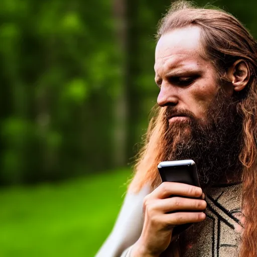 Image similar to photography portrait of a germanic pagan man holding a cell phone, early middle ages, leica 1 0 0 mm f 0. 8