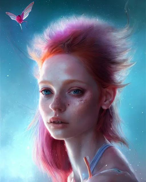 Prompt: female pixie, perfect face, thin wings, pink halter top, ginger hair, abs, cinematic, freckles, stunning, athletic, strong, agile, highly detailed, psychedelic, digital painting, artstation, smooth, hard focus, illustration, art by jessica rossier and and brian froud