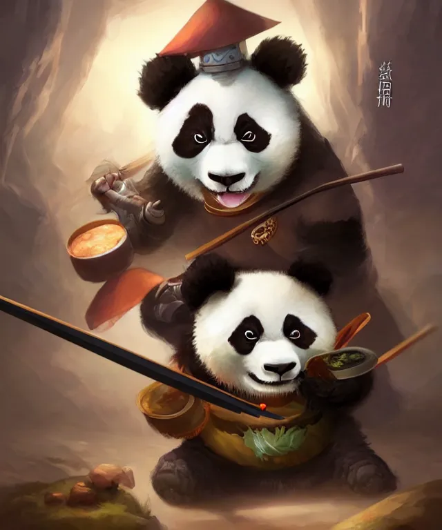 Image similar to a portrait an anthropomorphic panda samurai eating sushi, landscape in background, cute and adorable, dnd character art portrait, well rendered matte fantasy painting, deviantart artstation, by jason felix by steve argyle by tyler jacobson by peter mohrbacher, cinematic lighting