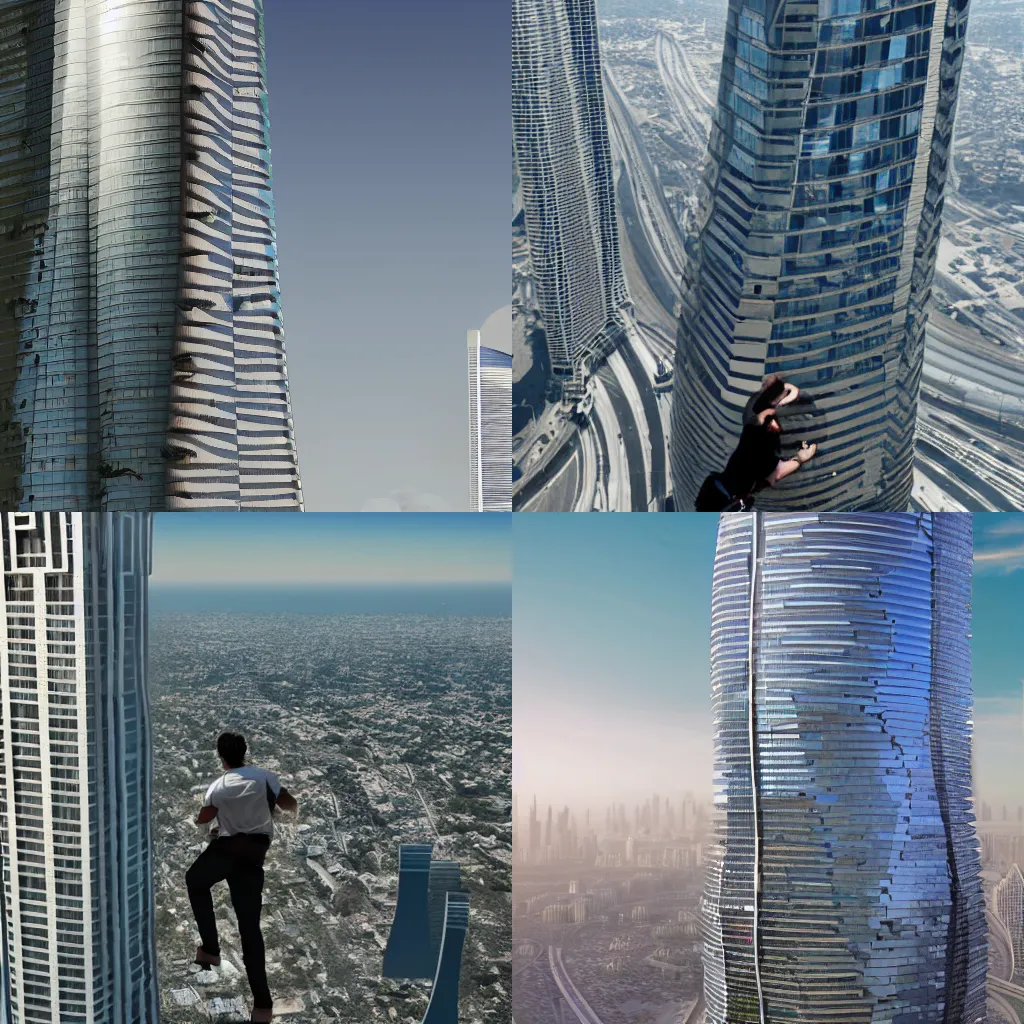 Prompt: a giant climbing up the burj kalifa, photorealistic