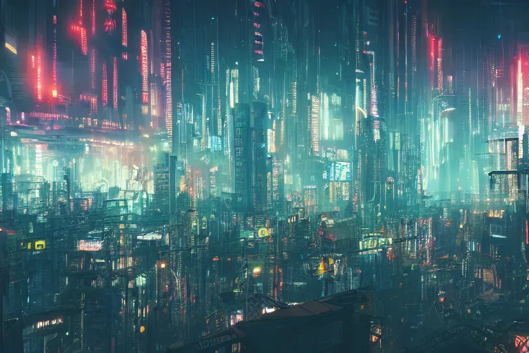 Image similar to dense and detailed dystopian cyberpunk city skyline, multicolored, 8k