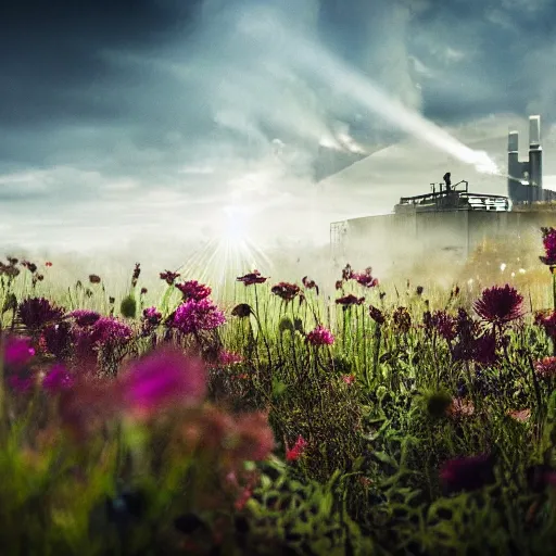 Prompt: a macro of a beautiful meadow, an abundance of flowers and butterflies, dew drops, surrounded by dirty industrial buildings, heavy smoke, cinematic light, god rays, fantasy landscape,