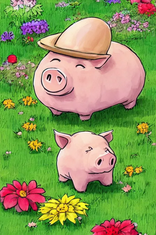 Image similar to cute little piggy with a gardening hat doing some gardening on a summer day, chibi, cute, adorable, studio ghibli trending on artstation, pixiv, Deviantart, HD, golden ratio, rule of thirds