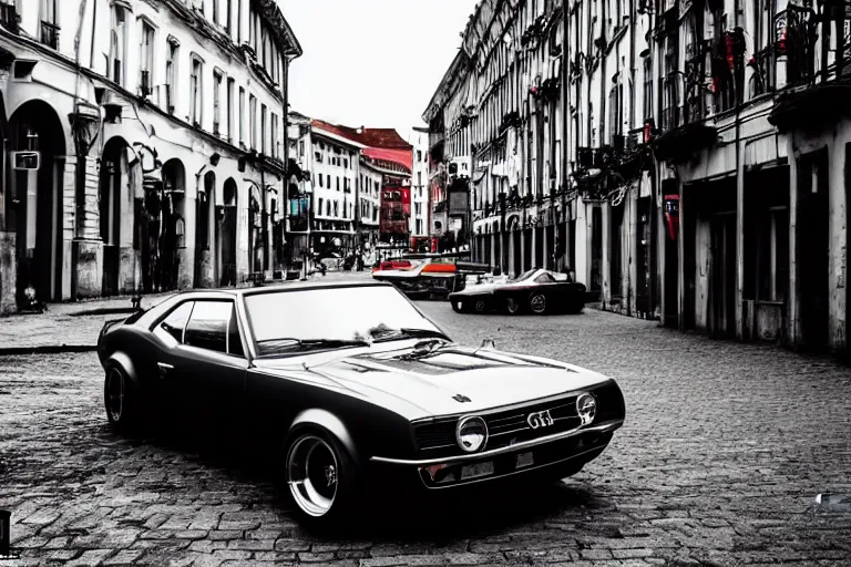 Image similar to audi camaro b 1 ( 1 9 6 9 ) drifting, need for speed : carbon, at night, neon lines, lviv historic centre, phonk music background, smoke behind wheels, noise, dark, establishing shot