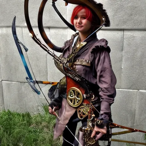 Prompt: full shot photo of a beautiful steampunk archer