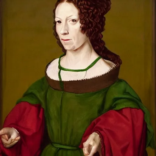 Prompt: portrait of a 40 years old women, dark red hair, green eyes, in medieval clothing, Baroque painting