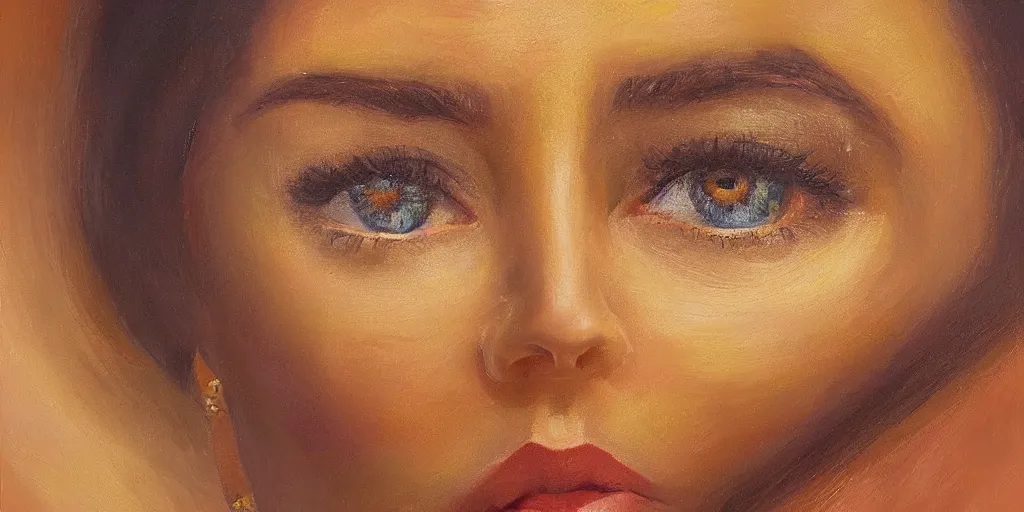 Image similar to beautiful sedutive woman with an eye on her forehead, oil panting, golden hour, higly detailed