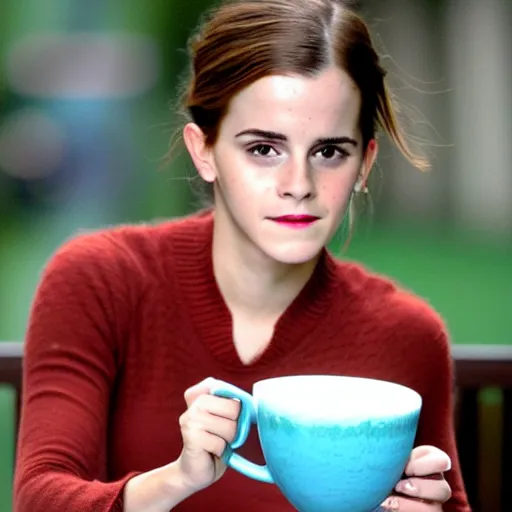 Prompt: emma watson drinking a saucer of warm milk, in the style of a bob ross painting