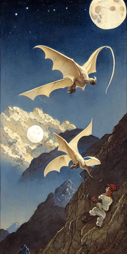 Image similar to a white bat, flying against a night sky, mountain in the background, moonlight, denoised, very detailed, painted by james gurney, norman rockwell, tom bagshaw