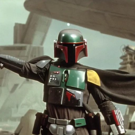 Image similar to cinematic shot of Boba Fett in Star Wars the empire strikes back