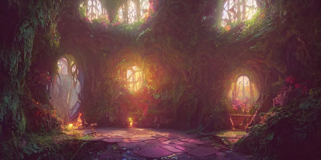 Image similar to a room in a fairy castle, stephen bliss, unreal engine, fantasy art by greg rutkowski, loish, rhads, ferdinand knab, makoto shinkai and lois van baarle, ilya kuvshinov, rossdraws, tom bagshaw, alphonse mucha, global illumination, radiant light, detailed and intricate environment