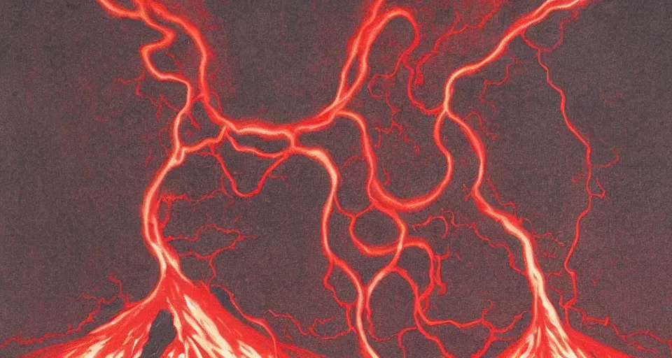 Image similar to a volcano made of ivory vines and crimson rocks enters in eruption, it spits a smoke in the shape of demonic eye, by Hajime Isayama