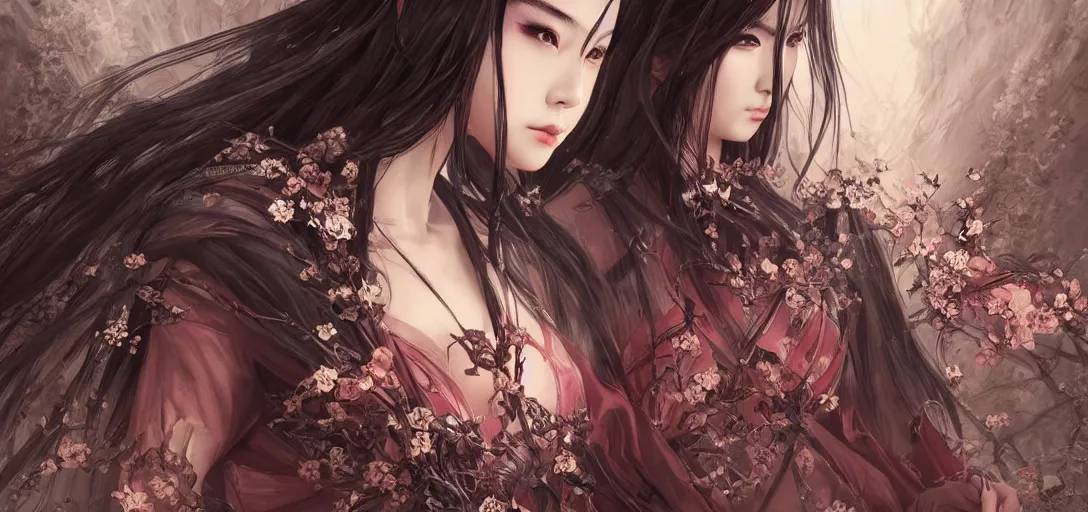 Image similar to a beautiful woman, wuxia, artgerm, elegant, chinese kingdom princess, concept art, gothic cathedral ， highly detailed, artstation, behance, deviantart, by wlop, ayami kojima, trending ，