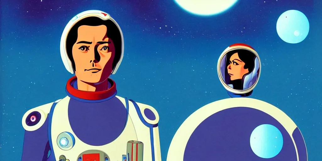 Image similar to a portrait of lonely single Alain Delon alone pilot in spacesuit posing in symmetrical spaceship station planet captain bridge outer worlds hyper contrast in FANTASTIC PLANET La planète sauvage animation by René Laloux