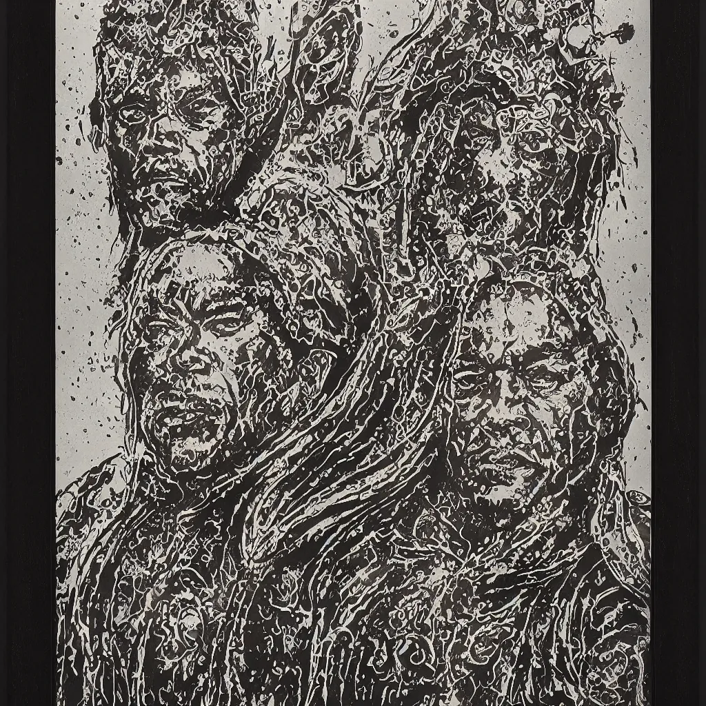 Image similar to A dramatic art nouveau bust portrait of James Earl Jones with long black hair as Thulsa Doom in scratchy rune-carved armor, framed with metallic art nouveau shield designs around the borders, by Travis Charest, Jia Ruan and Bill Sienkiewicz, watercolor, bleed, splatters, random brush strokes, epic lighting and depth of field, sinister ambience, malevolent expression, determination, dominance, confidence, mixed media painting, accurate symmetrical facial details, perfect symmetry, sumerian, roman, egyptian, medieval, intricately detailed