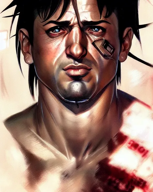 Image similar to portrait Anime 1940s Stallone Rambo Sharp fine face, realistic shaded Perfect face, fine details. Anime. cyberpunk realistic shaded lighting by katsuhiro otomo ghost-in-the-shell, magali villeneuve, artgerm, rutkowski Jeremy Lipkin and Giuseppe Dangelico Pino and Michael Garmash and Rob Rey