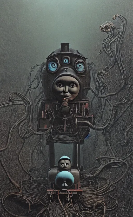 Image similar to thomas the tank engine in style of zdzisław beksinski, extremely dramatic lighting, 8 k, tendrils, black, darkness, black slime tendrils, infected, rust, body horror, thomas the train, thomas the tank engine face, horror,