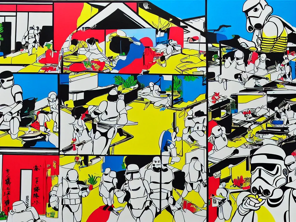 Image similar to hyperrealism composition of the japanese house with a hot springs onsen in the garden, two detailed stormtroopers in hot springs, pop - art style, jacky tsai style, andy warhol style, roy lichtenstein style, acrylic on canvas