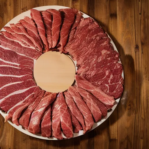 Image similar to a round bench completely covered in meat, studio photography, 5 0 mm