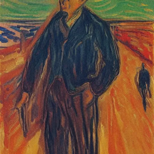 Image similar to “a detailed oil painting of an emigrant in a new country by Edward Munch”