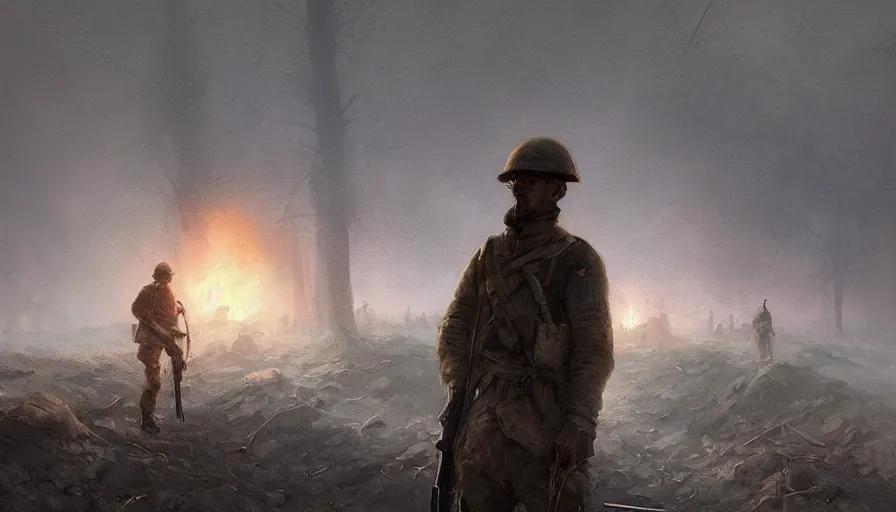 Prompt: beautiful digital painting of a lone survivor, one soldier after his squad killed in action in a trench waiting for the war to end. cinematic lighting and rendering, atmospheric, concept art, high detailed faces, artstation, underpainting by artgerm and greg rutkowski, overlay by eddie mendoza