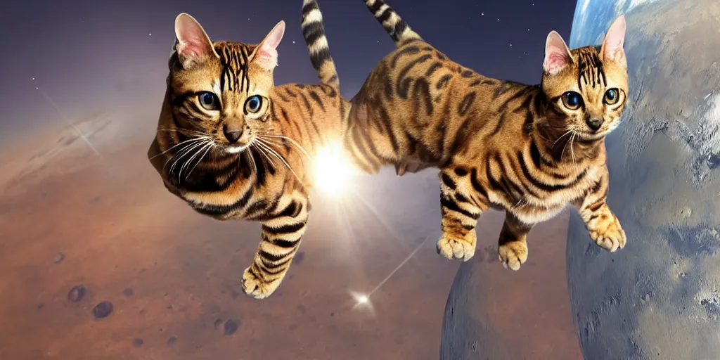 Prompt: bengal cat flying open space in space suit to the mars, cinematic, ultra realistic