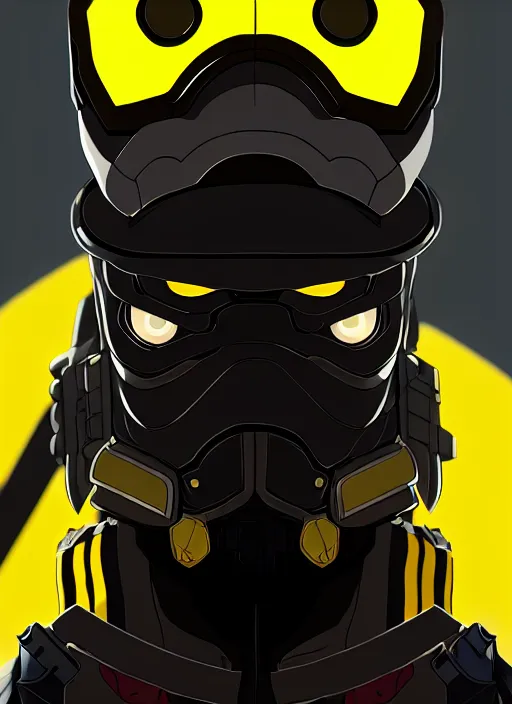 Prompt: a film still portrait of a vicious helldiver scout soldier, black armor with yellow accents, ilya kuvshinov, anime, pixiv top monthly, trending on artstation, cinematic, danbooru, zerochan art, kyoto animation