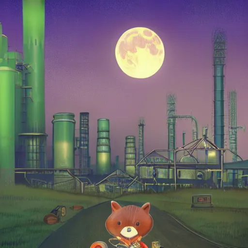 Image similar to a professional portrait, of an anthropomorphic brown hedgehog sitting outside of a cyberpunk academy, factories and power plants in the background, big moon in background, green smoggy sky, cinematic lighting, metal towers and sewers, holograms, artstation, omni magazine,