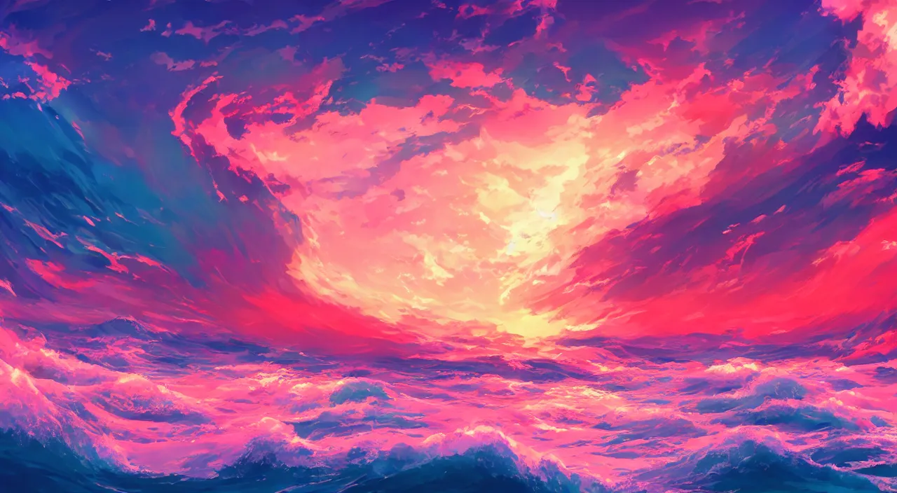 Image similar to anime landscape wallpaper, waves simulated crystal clear waves, ocean cliff side, pink, blue, orange, and red clouds